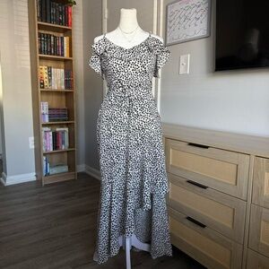 bcx asymmetric polka dot maxi dress